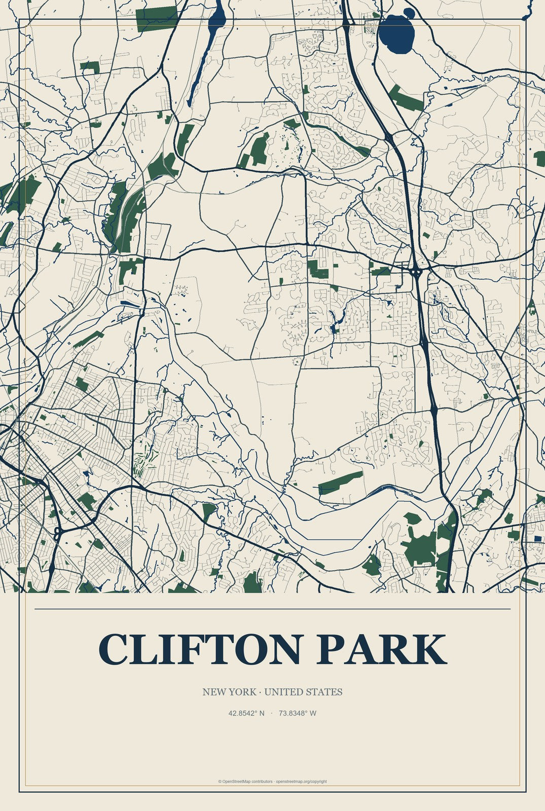 Clifton Park, New York City Map Aluminum Sign in Coastal Cutout style