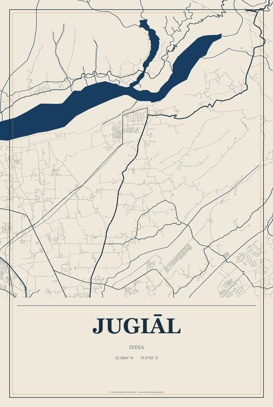 Jugiāl, India City Map Aluminum Sign in Coastal Cutout style