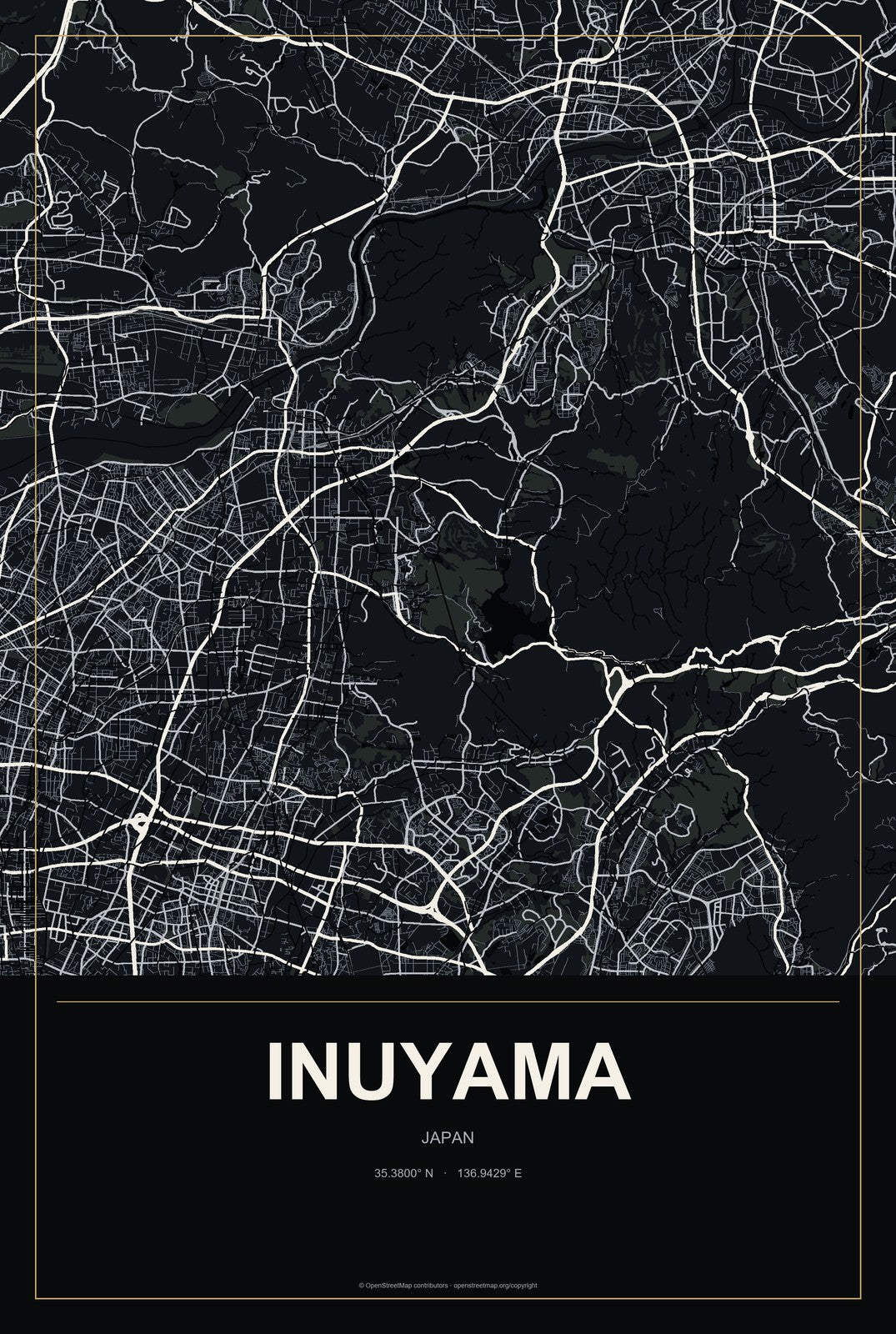 Inuyama, Japan City Map Aluminum Sign in Metropolitan Noir style