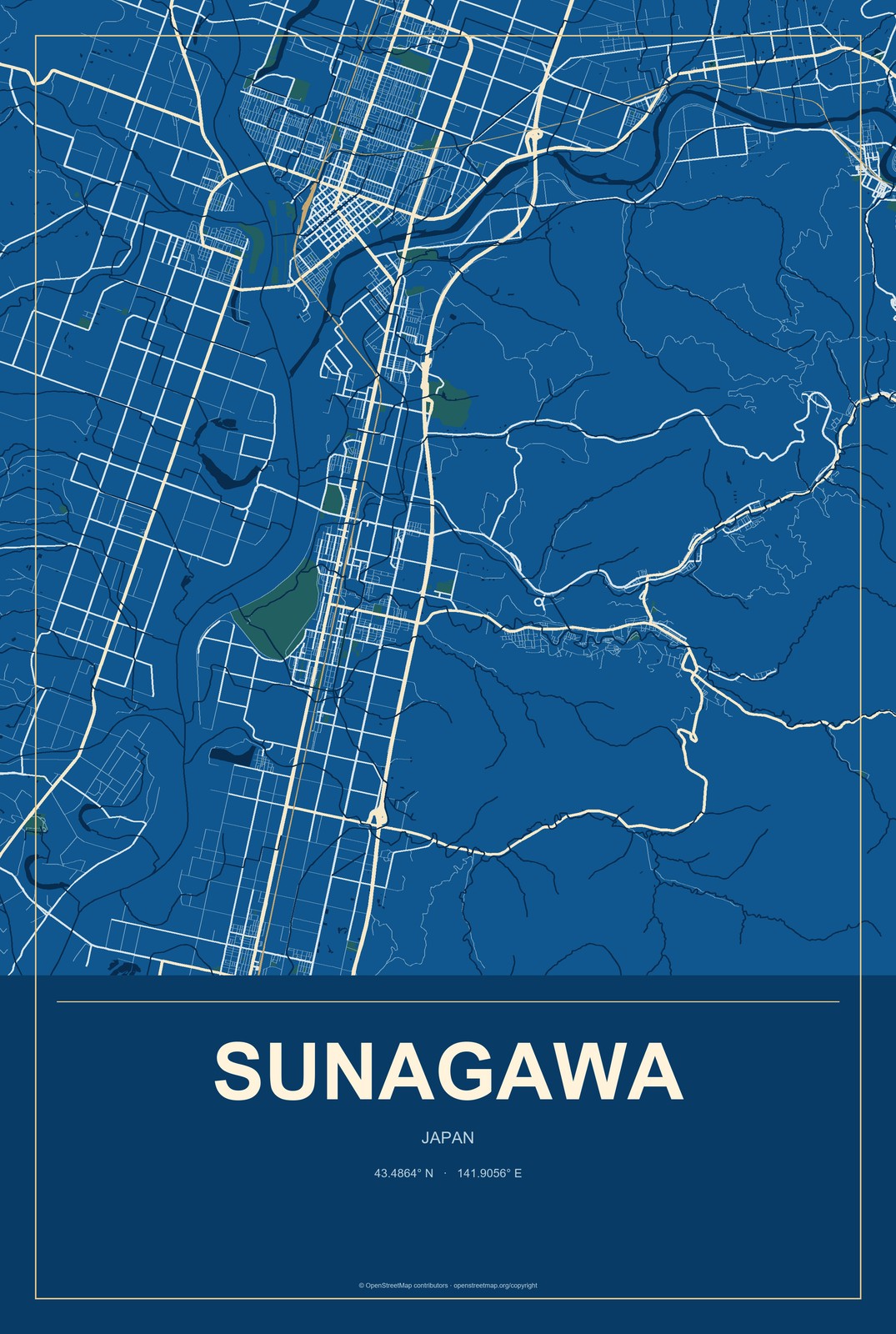 Sunagawa, Japan City Map Aluminum Sign in Harbor Cobalt style