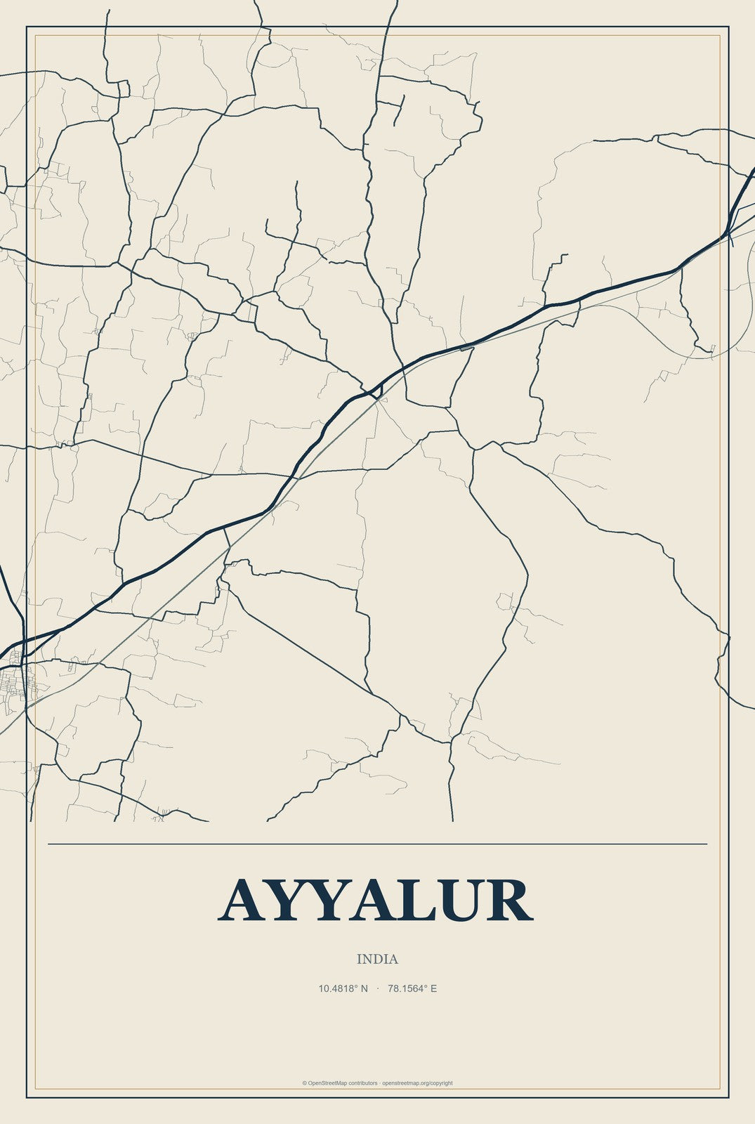 Ayyalur, India City Map Aluminum Sign in Coastal Cutout style