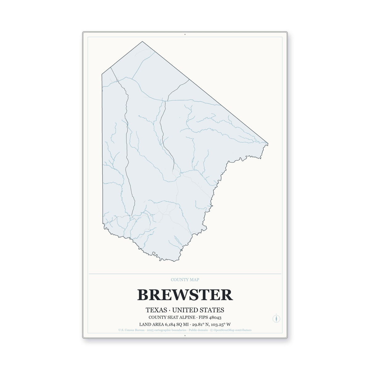 Brewster County, Texas Map Aluminum Sign in Gallery Air style