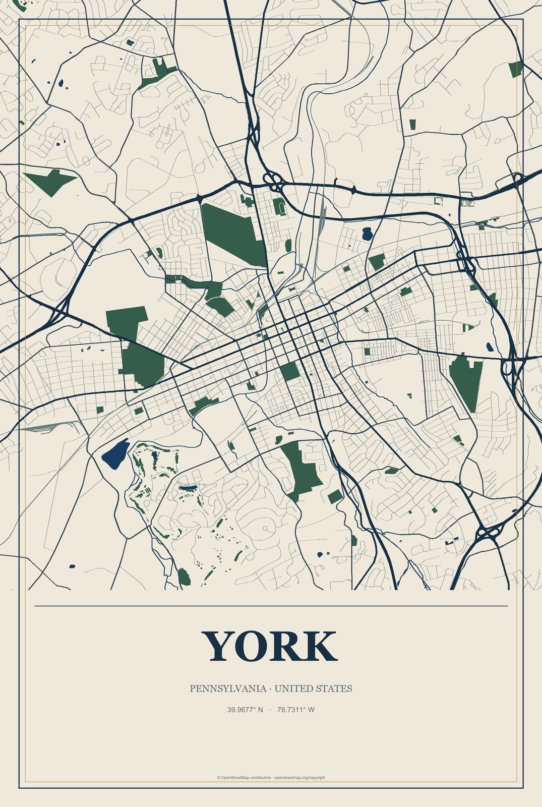 York, Pennsylvania City Map Aluminum Sign in Coastal Cutout style