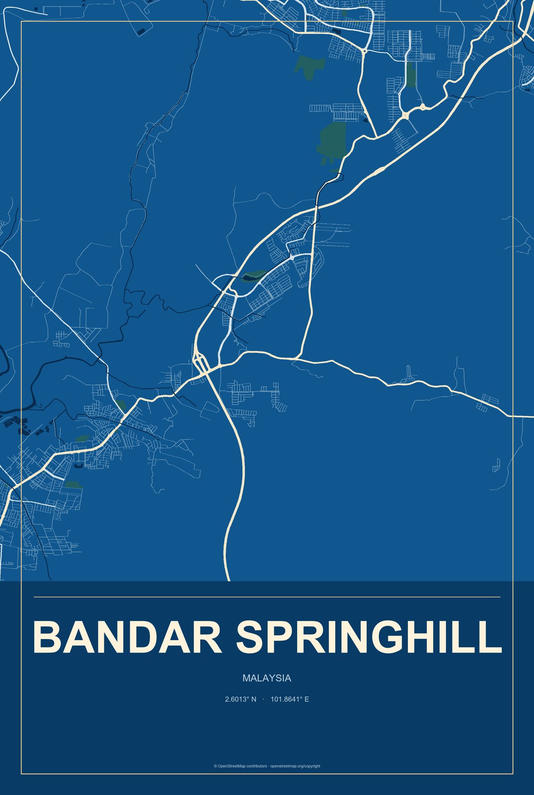 Bandar Springhill, Malaysia City Map Aluminum Sign in Harbor Cobalt style