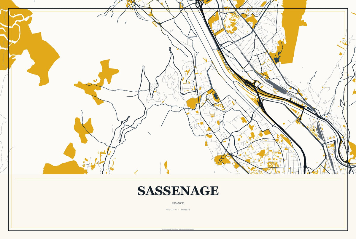 Sassenage, France City Map Aluminum Sign in Citrine Modern style
