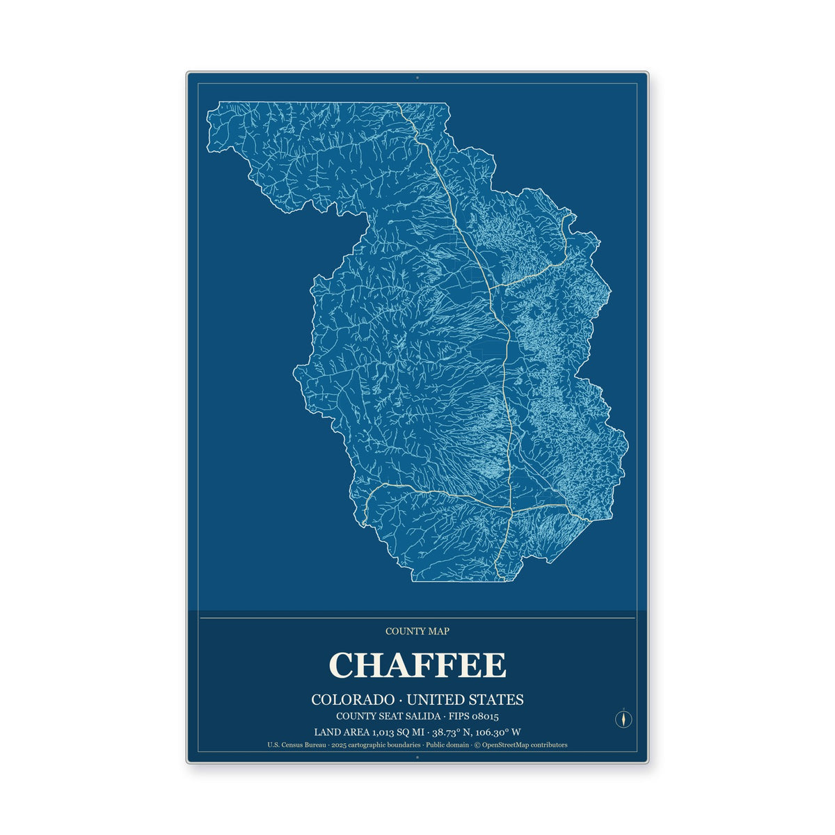 Chaffee County, Colorado Map Aluminum Sign in Harbor Cobalt style