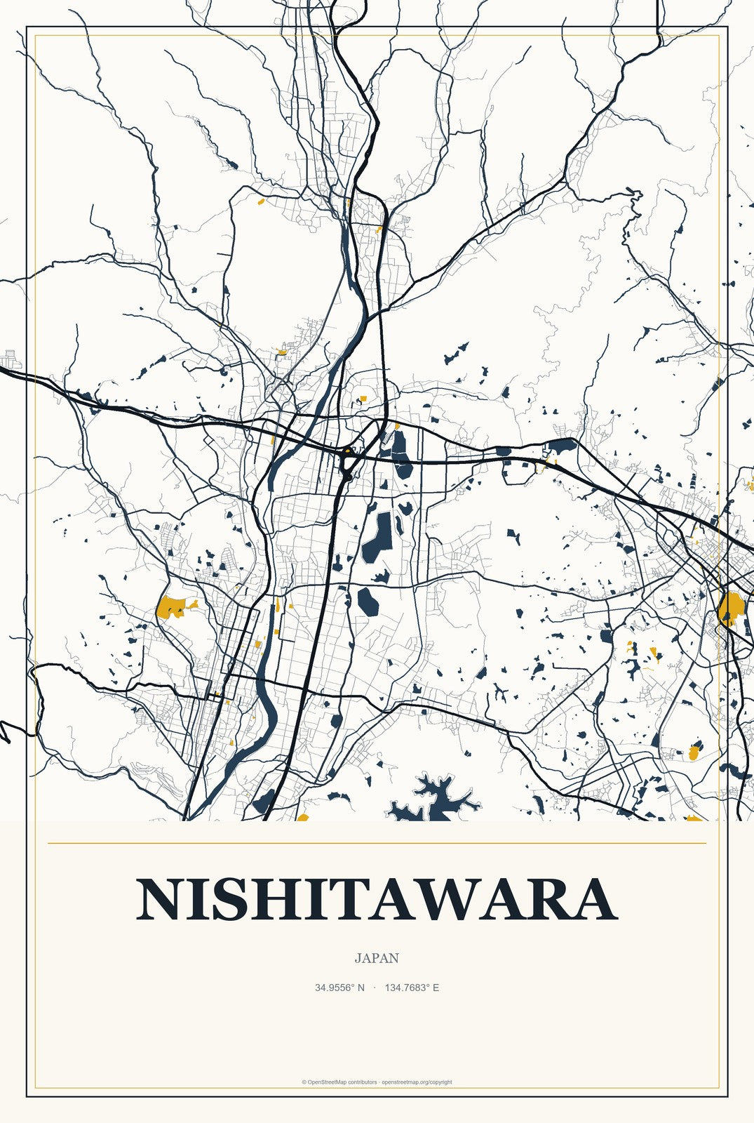 Nishitawara, Japan City Map Aluminum Sign in Citrine Modern style