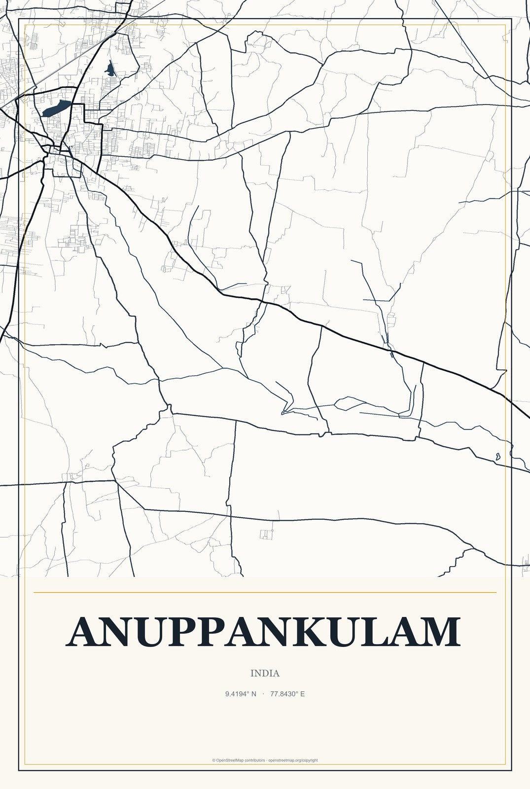 Anuppankulam, India City Map Aluminum Sign in Citrine Modern style