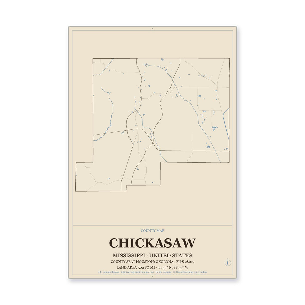 Chickasaw County, Mississippi Map Aluminum Sign in Heritage Nautical style