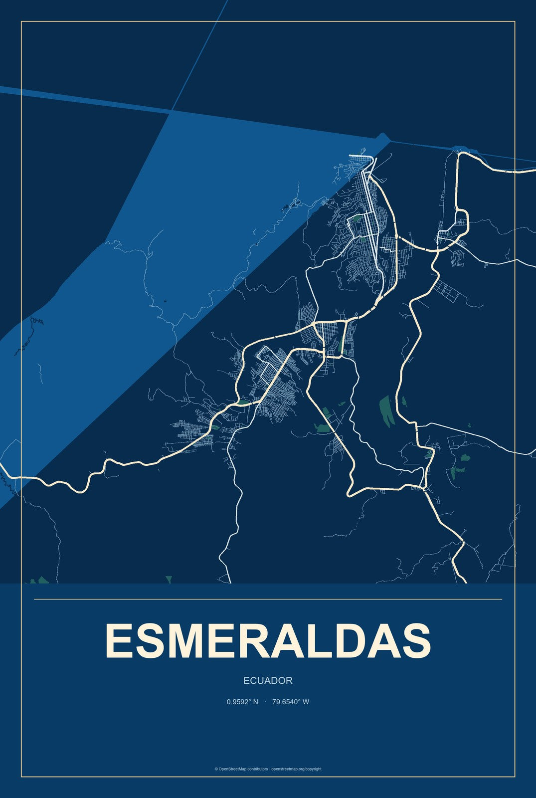 Esmeraldas, Ecuador City Map Aluminum Sign in Harbor Cobalt style