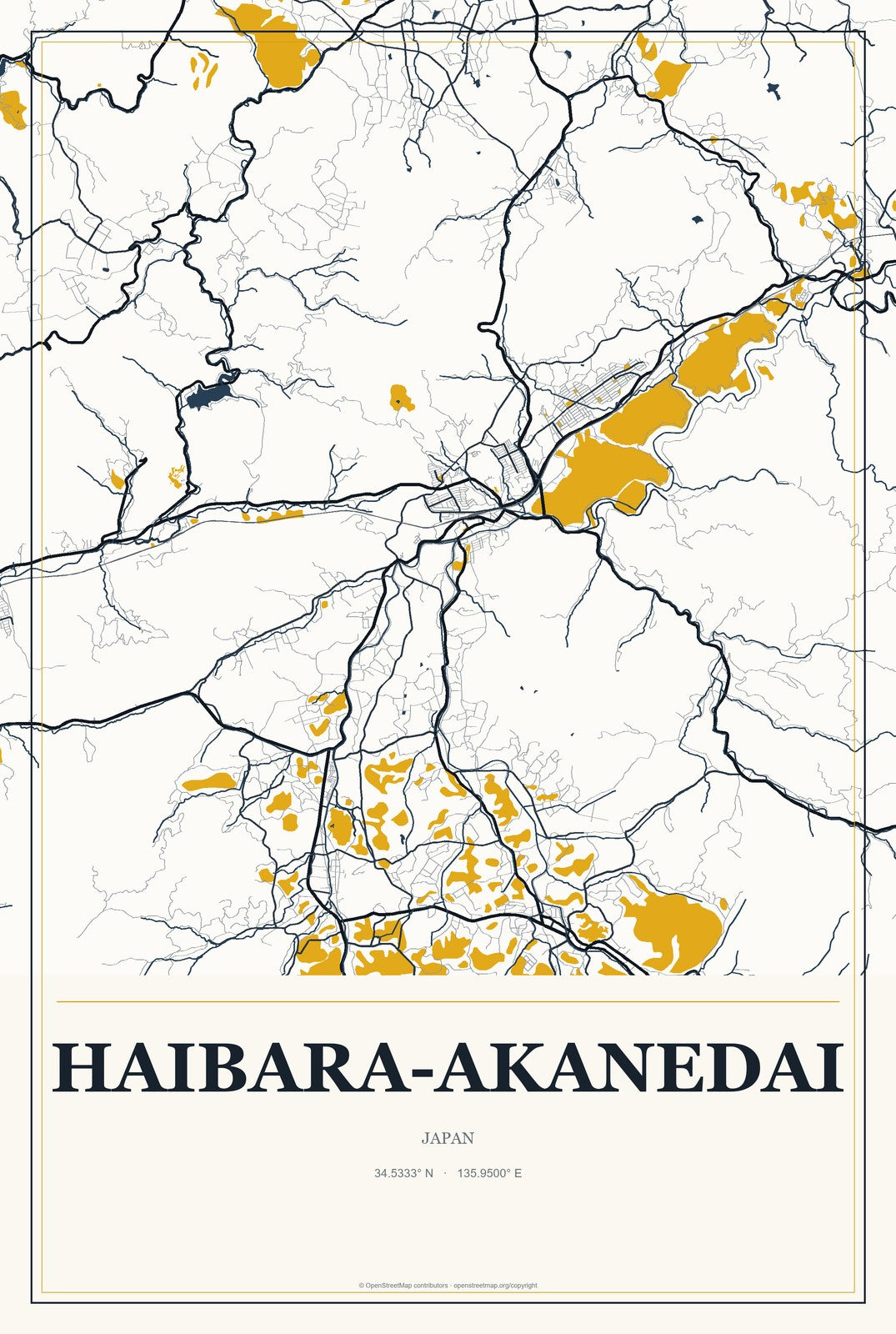 Haibara-akanedai, Japan City Map Aluminum Sign in Citrine Modern style