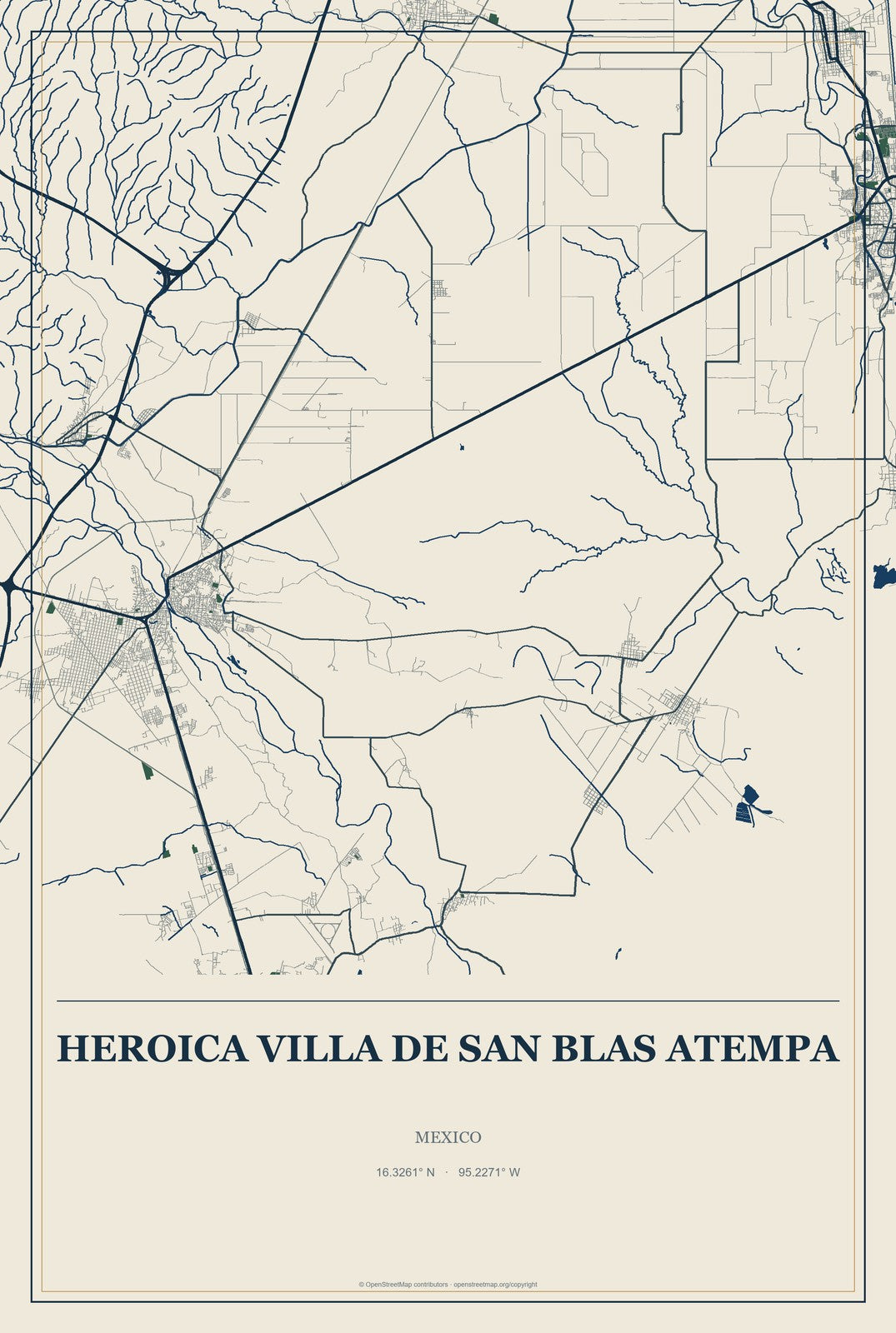 Heroica Villa de San Blas Atempa, Mexico City Map Aluminum Sign in Coastal Cutout style