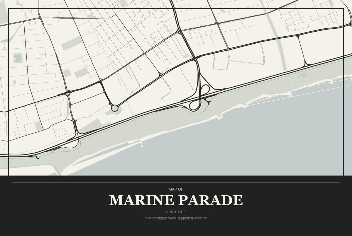 Marine Parade, Singapore City Map Aluminum Sign in Museum Plaque style