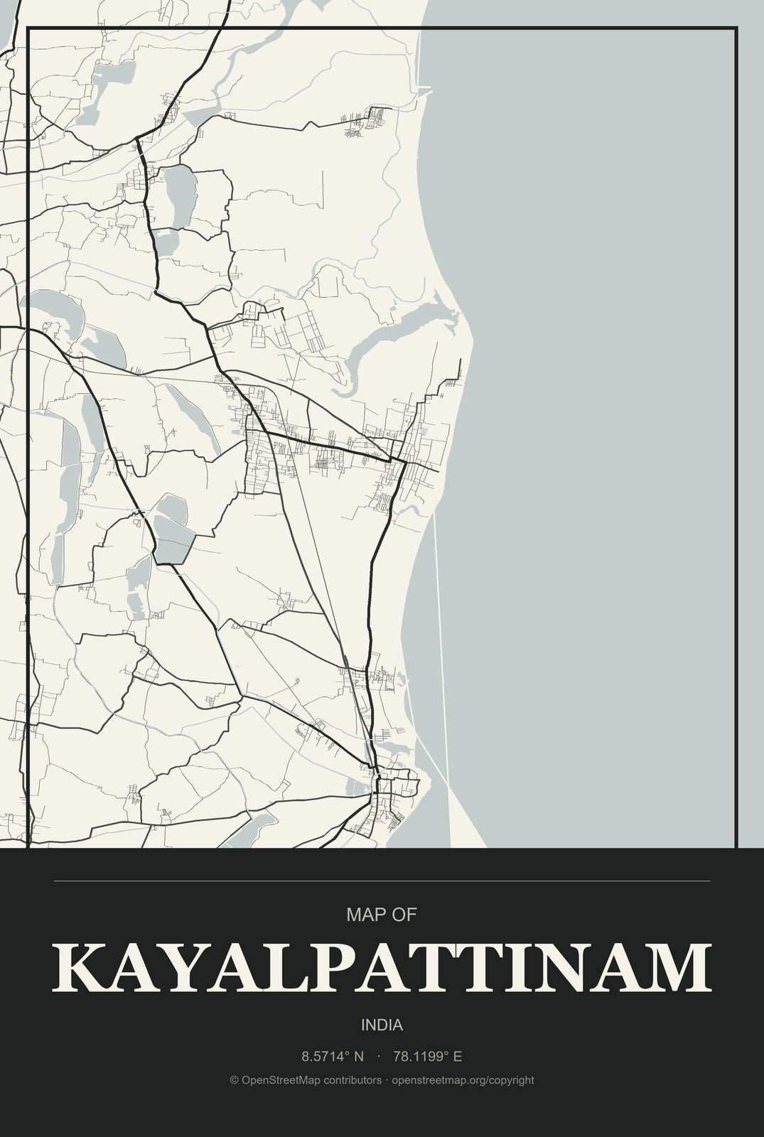 Kayalpattinam, India City Map Aluminum Sign in Museum Plaque style