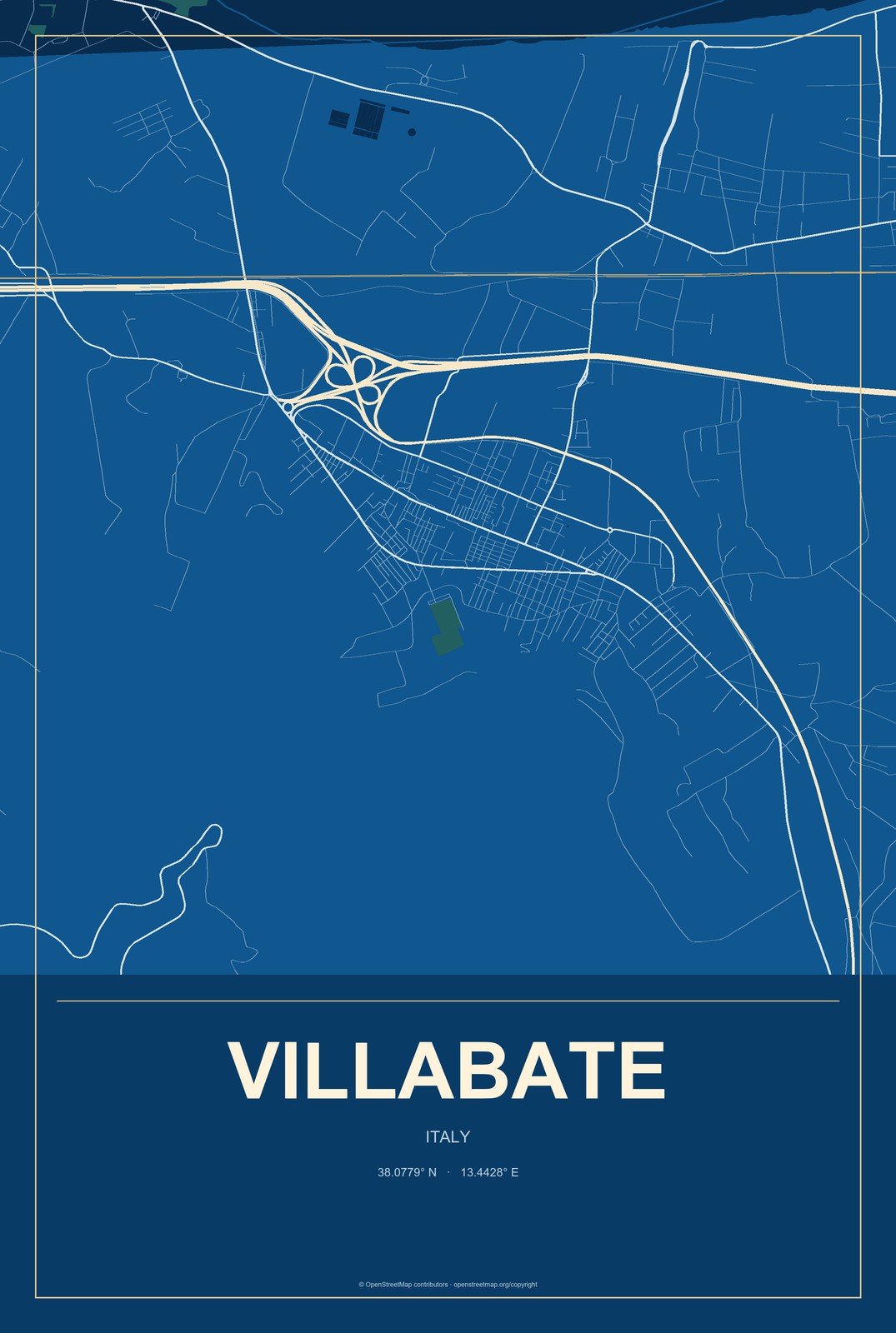 Villabate, Italy City Map Aluminum Sign in Harbor Cobalt style