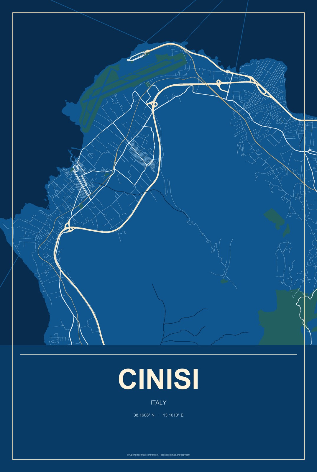 Cinisi, Italy City Map Aluminum Sign in Harbor Cobalt style