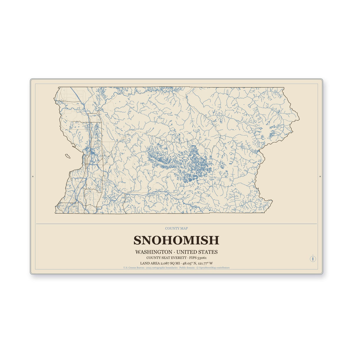 Snohomish County, Washington Map Aluminum Sign in Heritage Nautical style