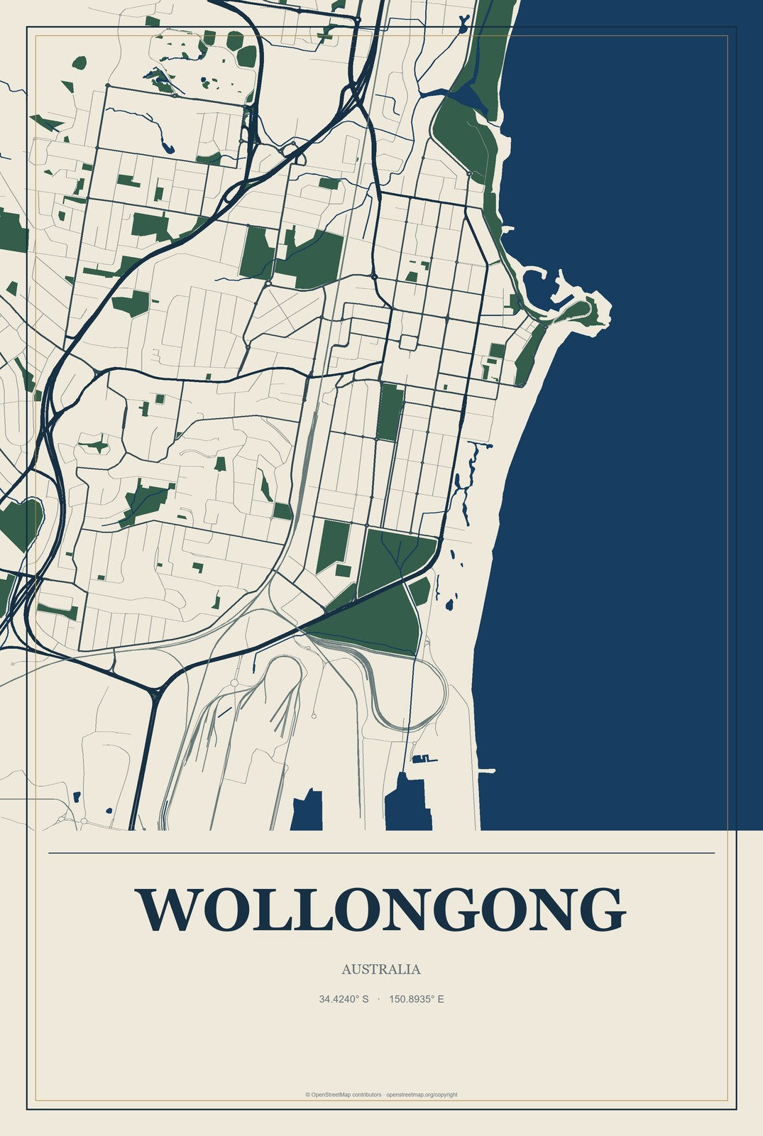 Wollongong, Australia City Map Aluminum Sign in Coastal Cutout style