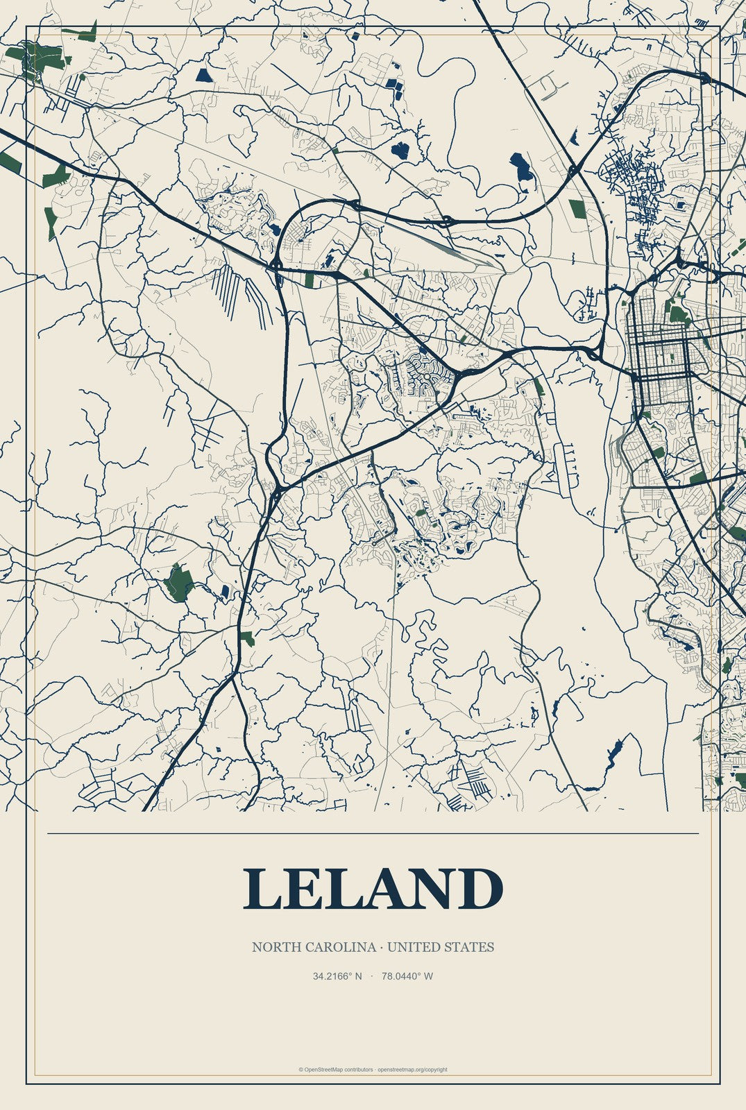 Leland, North Carolina City Map Aluminum Sign in Coastal Cutout style