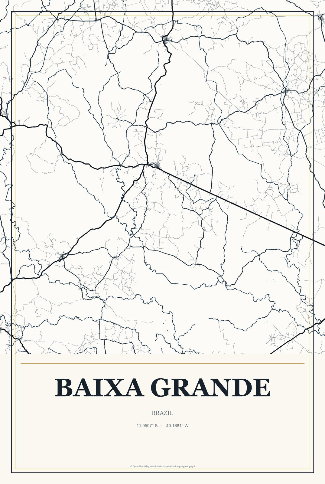Baixa Grande, Brazil City Map Aluminum Sign in Citrine Modern style