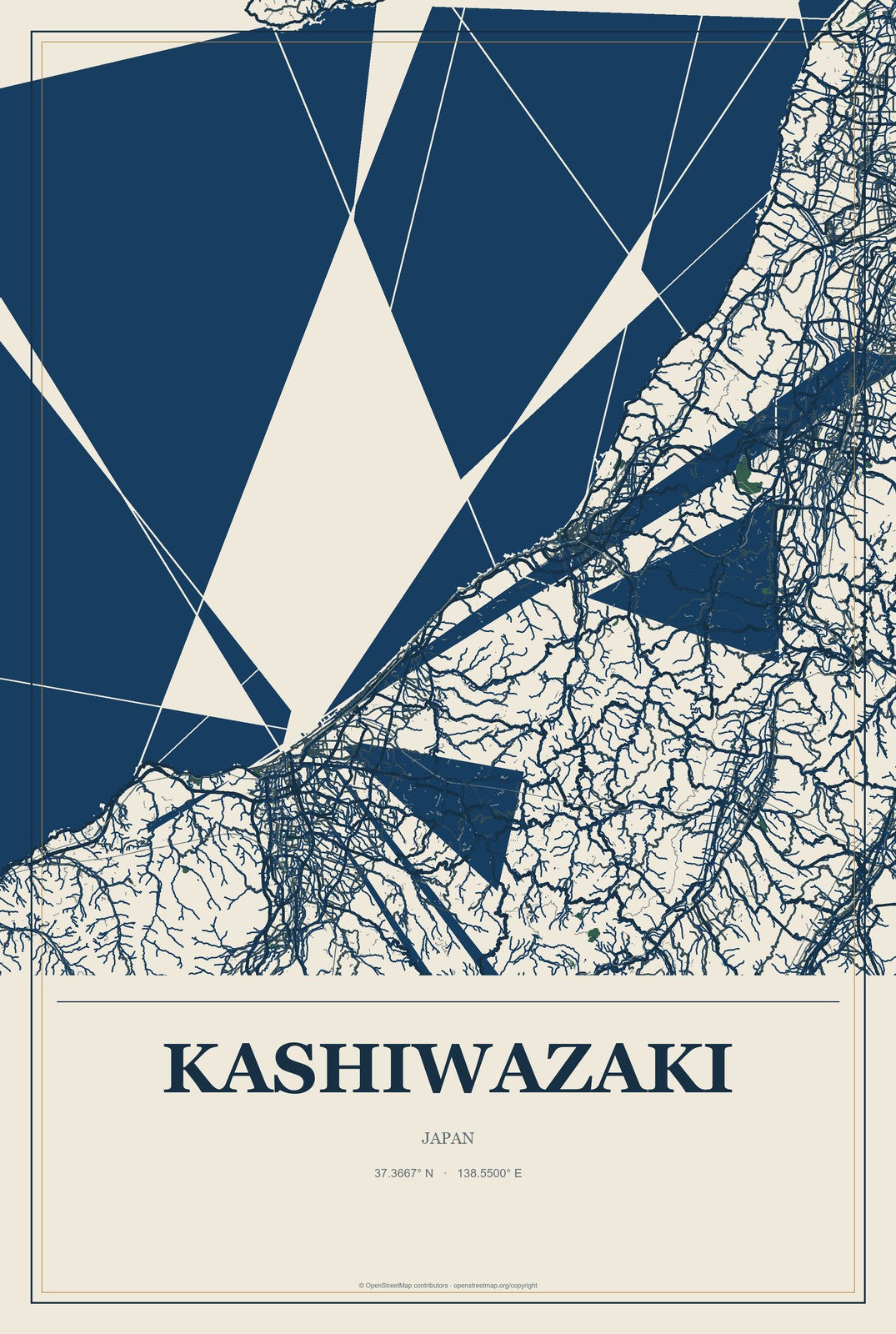 Kashiwazaki, Japan City Map Aluminum Sign in Coastal Cutout style