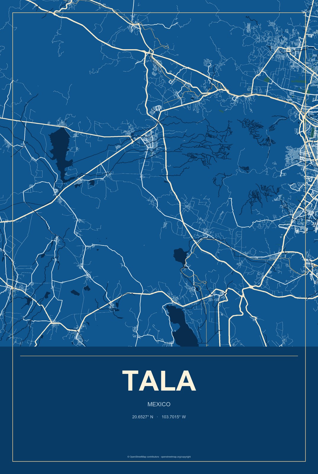 Tala, Mexico City Map Aluminum Sign in Harbor Cobalt style