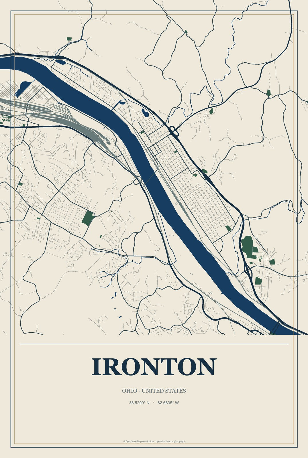 Ironton, Ohio City Map Aluminum Sign in Coastal Cutout style