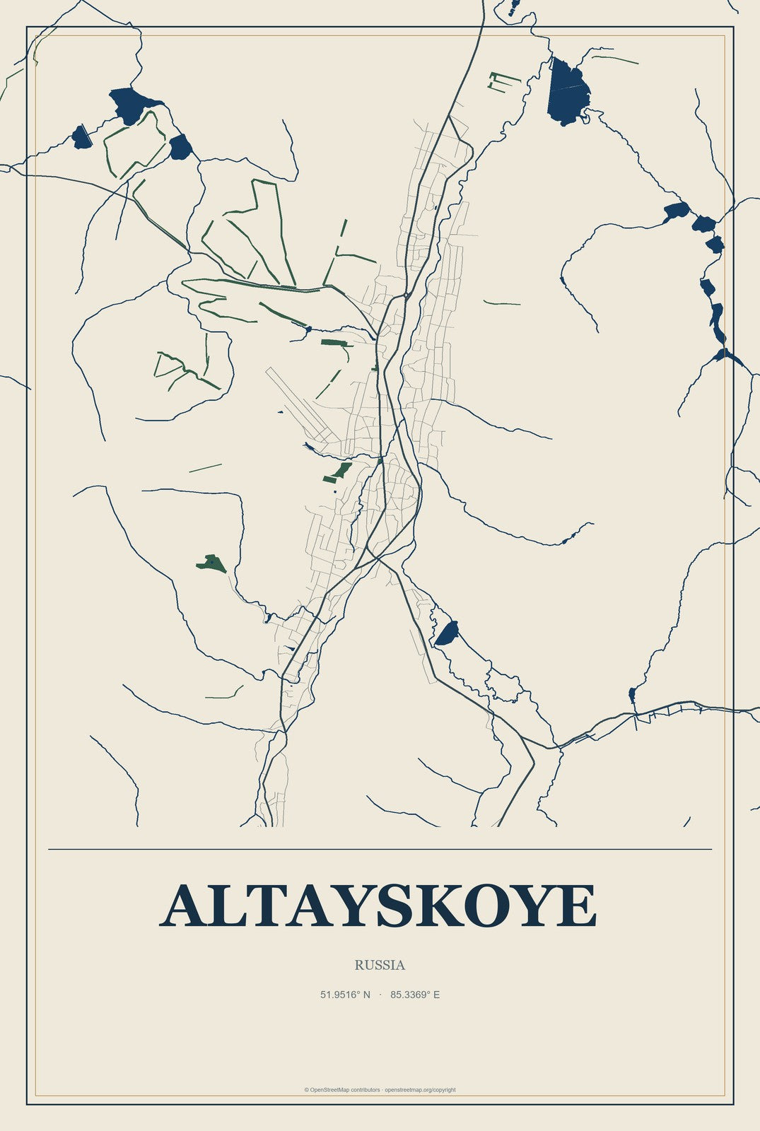 Altayskoye, Russia City Map Aluminum Sign in Coastal Cutout style