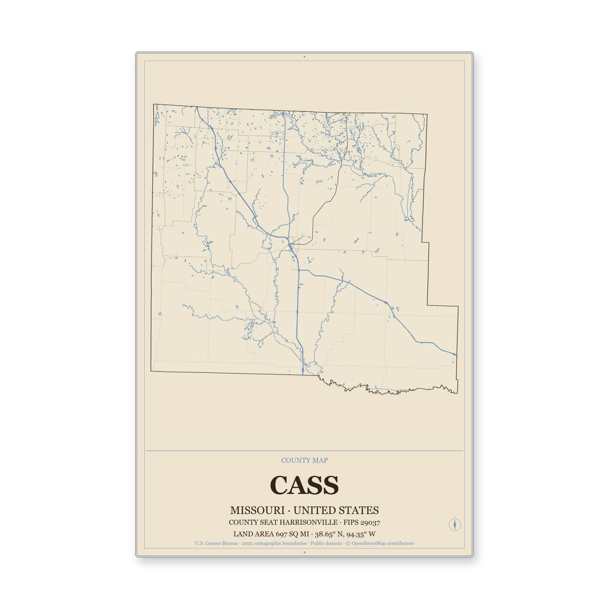 Cass County, Missouri Map Aluminum Sign in Heritage Nautical style
