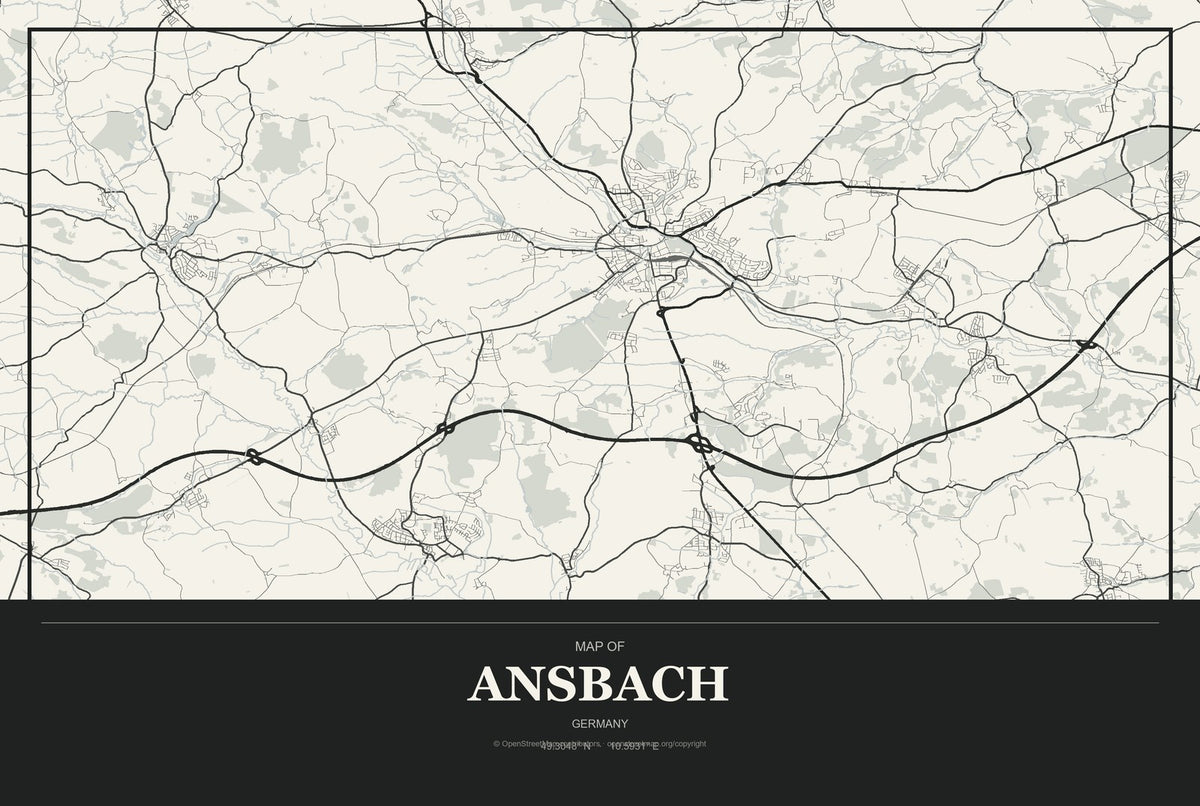 Ansbach, Germany City Map Aluminum Sign in Museum Plaque style