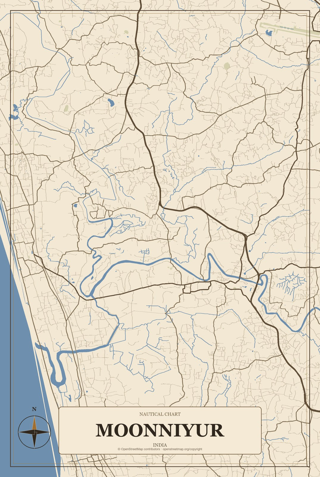 Moonniyur, India City Map Aluminum Sign in Heritage Nautical style