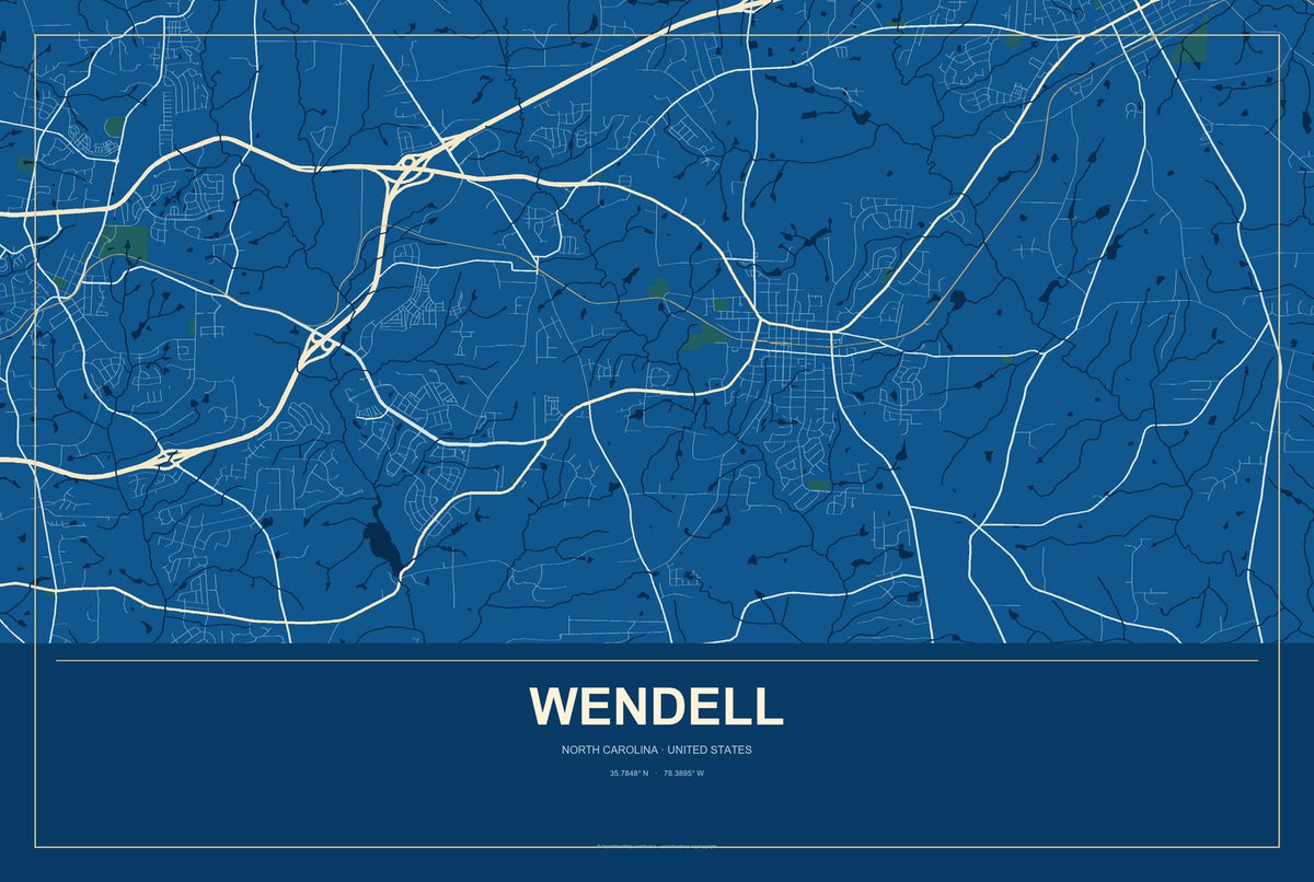 Wendell, North Carolina City Map Aluminum Sign in Harbor Cobalt style