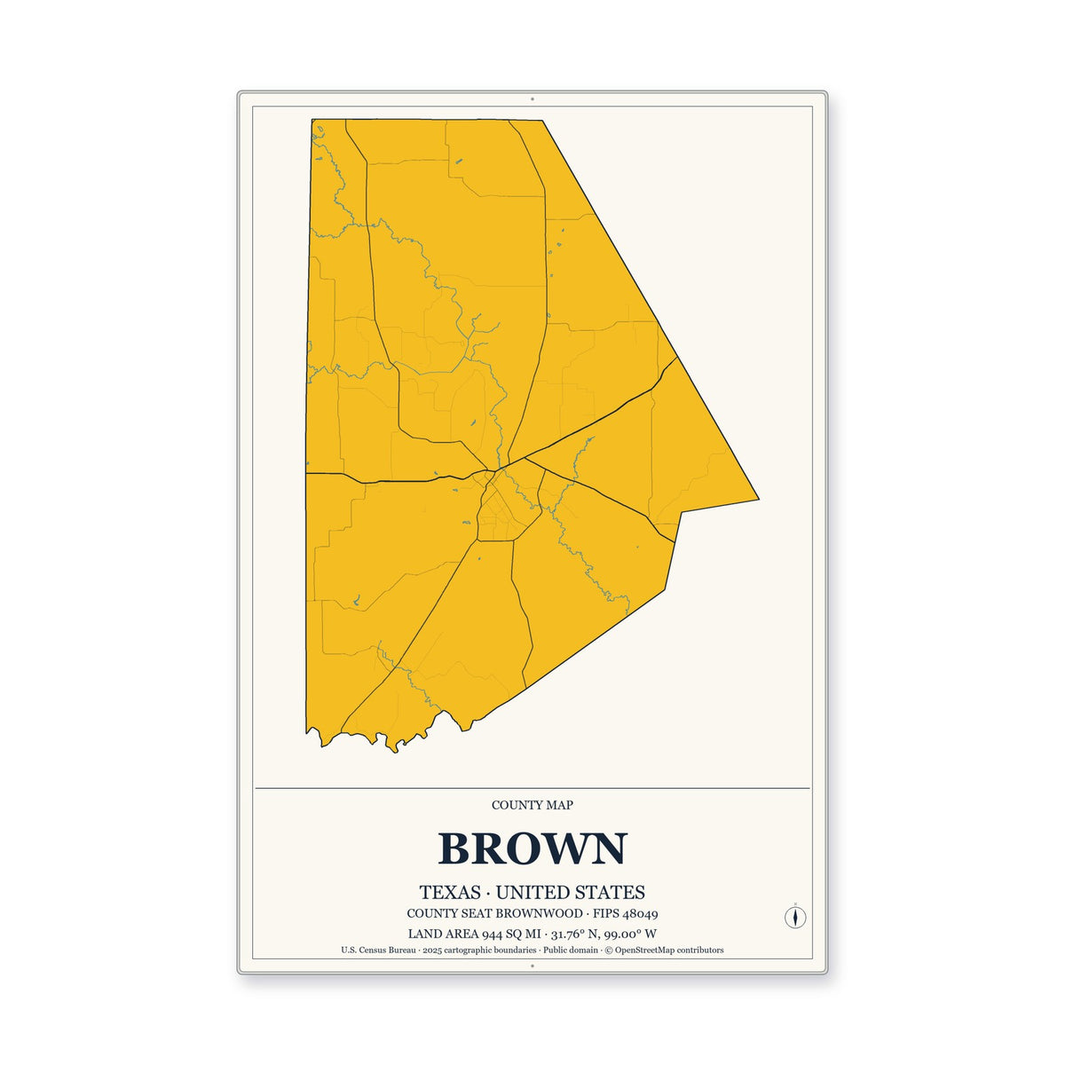 Brown County, Texas Map Aluminum Sign in Citrine Modern style