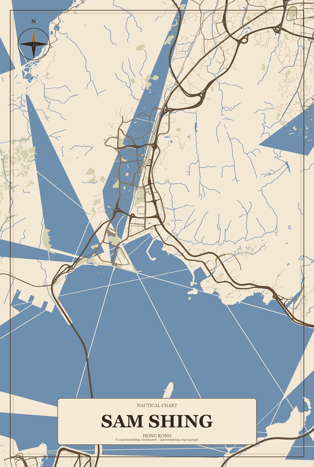 Sam Shing, Hong Kong City Map Aluminum Sign in Heritage Nautical style