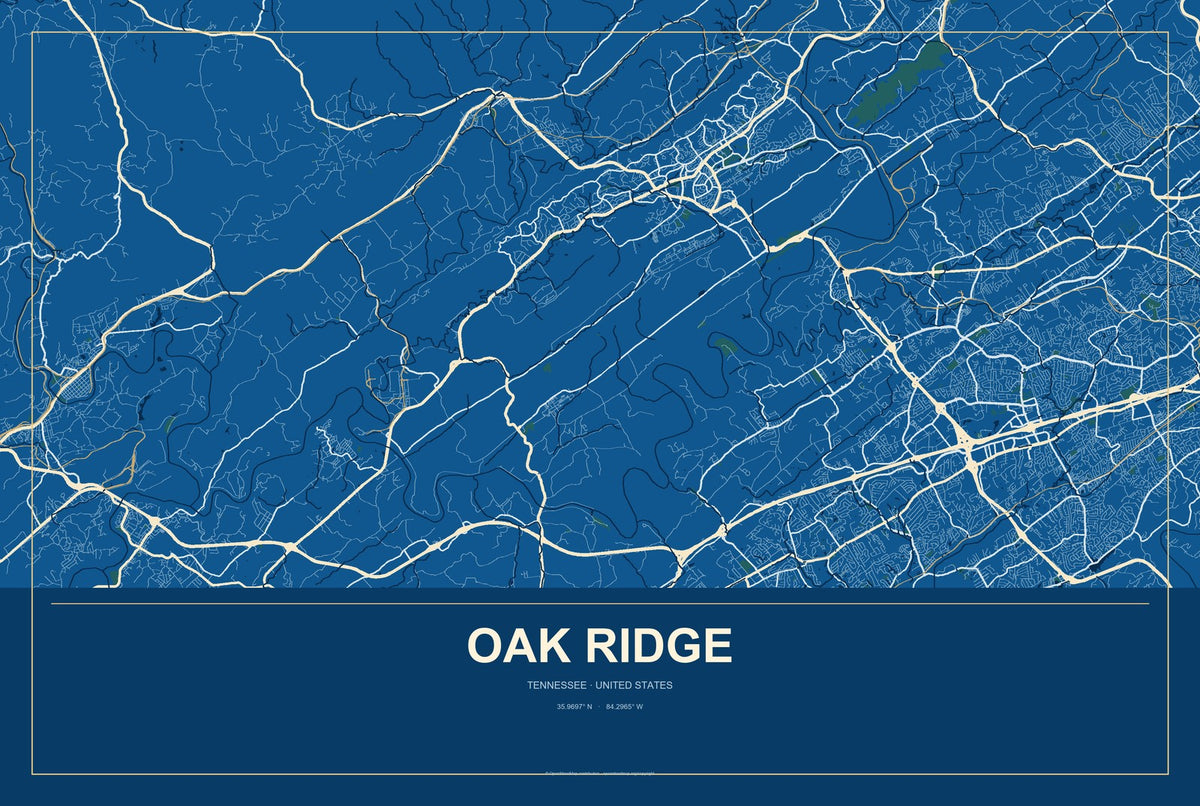 Oak Ridge, Tennessee City Map Aluminum Sign in Harbor Cobalt style