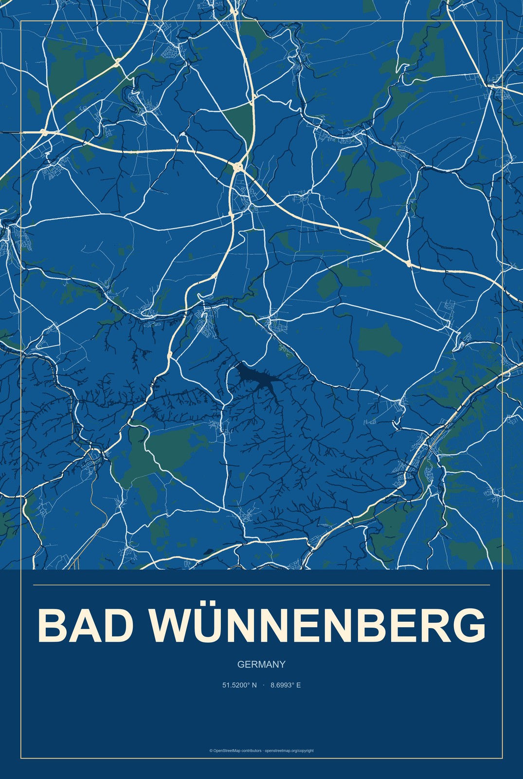 Bad Wünnenberg, Germany City Map Aluminum Sign in Harbor Cobalt style