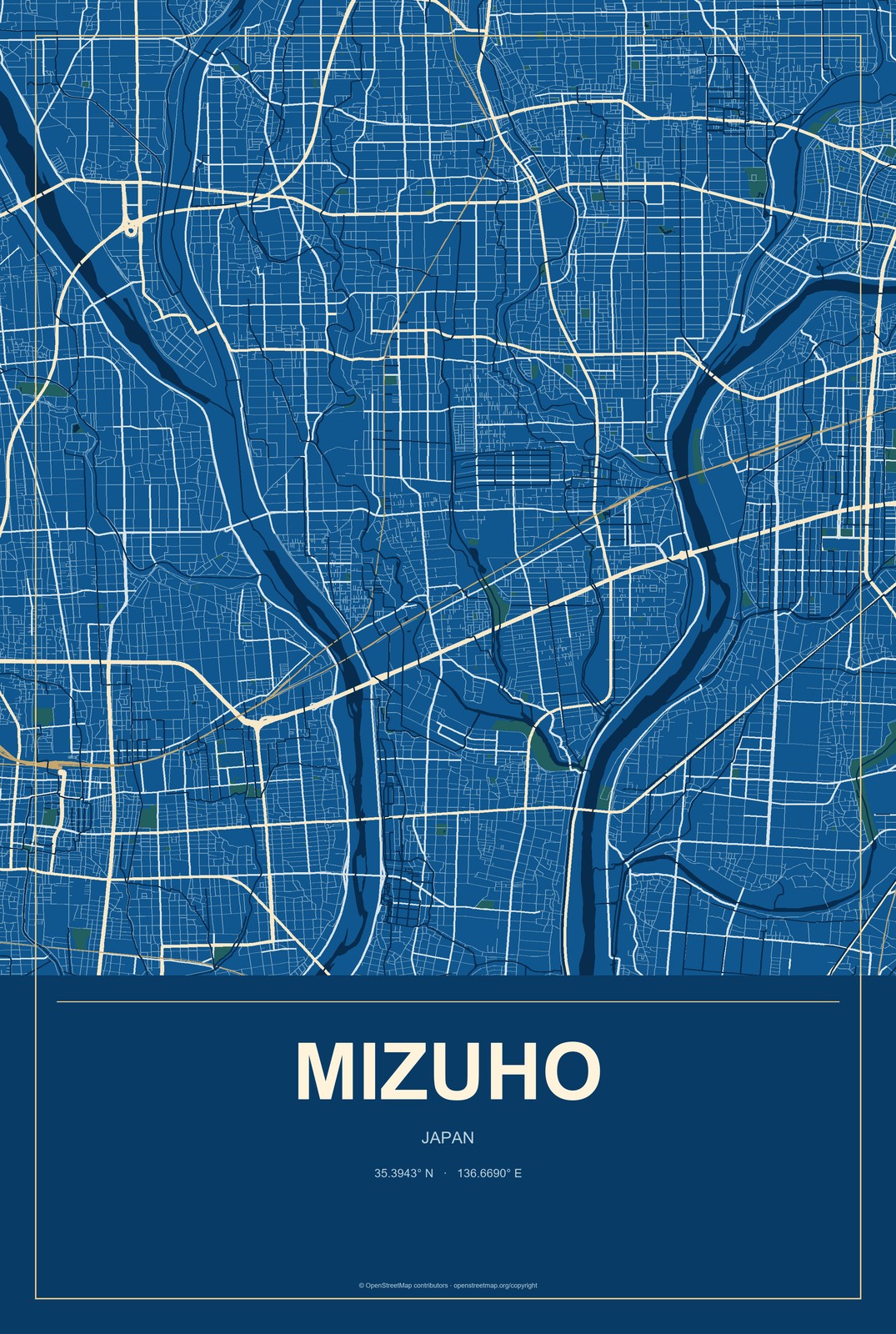 Mizuho, Japan City Map Aluminum Sign in Harbor Cobalt style