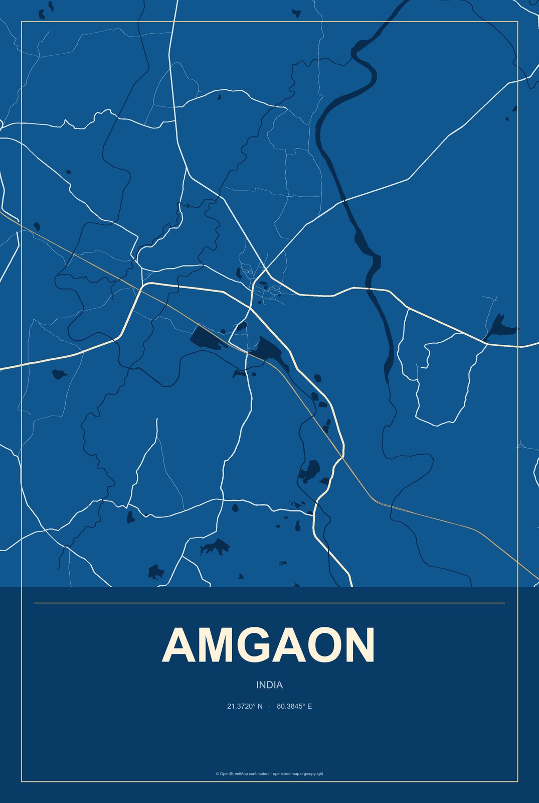 Amgaon, India City Map Aluminum Sign in Harbor Cobalt style