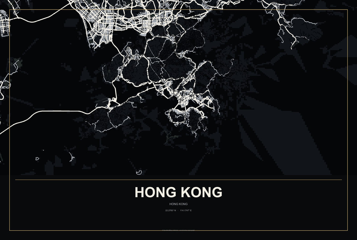 Hong Kong, Hong Kong City Map Aluminum Sign in Metropolitan Noir style