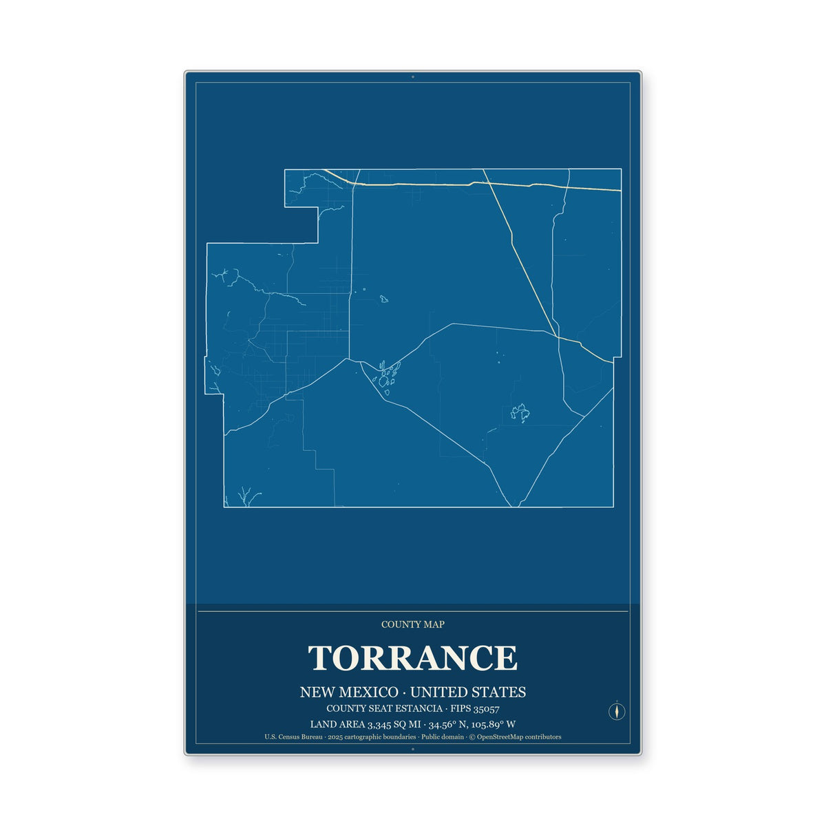 Torrance County, New Mexico Map Aluminum Sign in Harbor Cobalt style