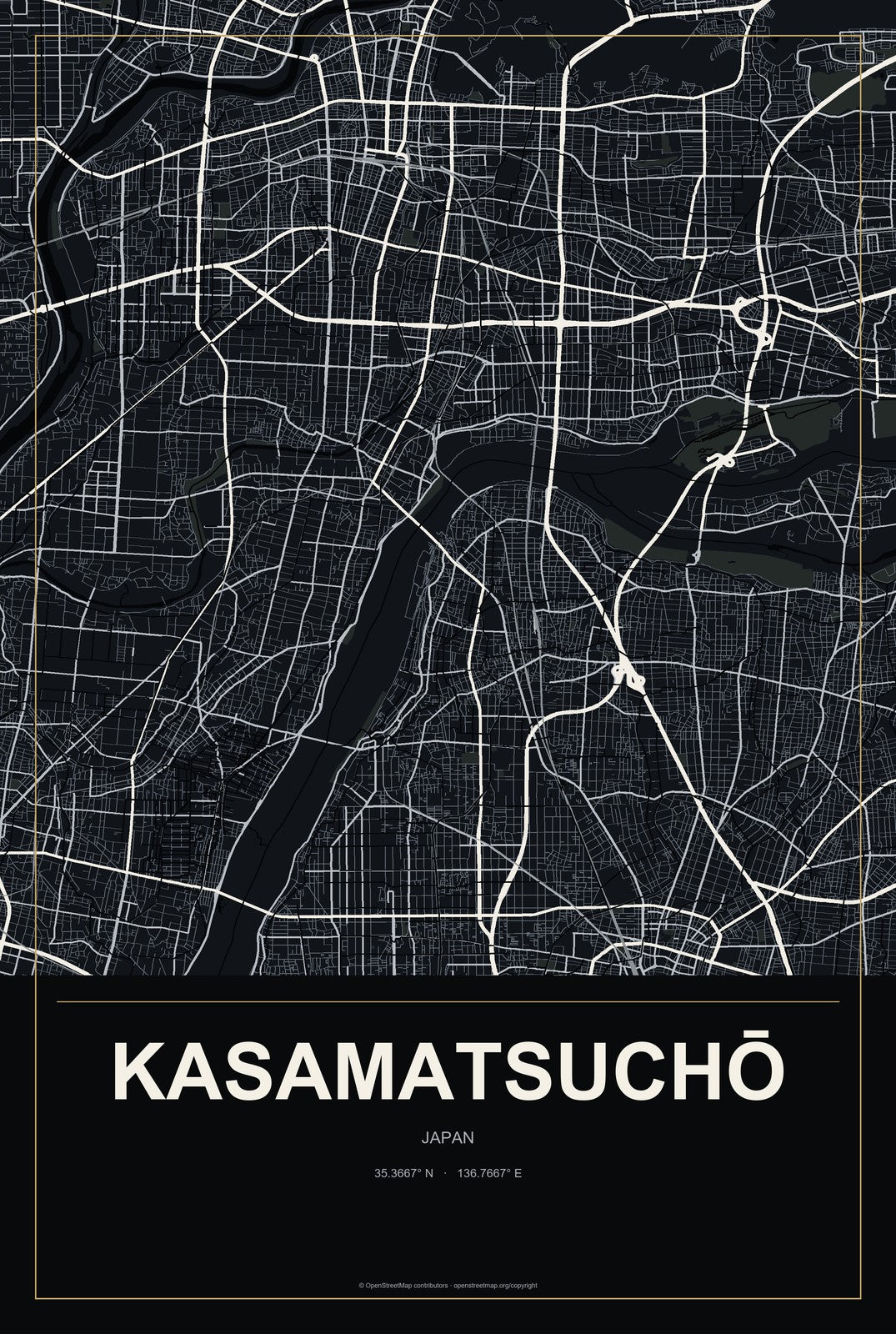 Kasamatsuchō, Japan City Map Aluminum Sign in Metropolitan Noir style
