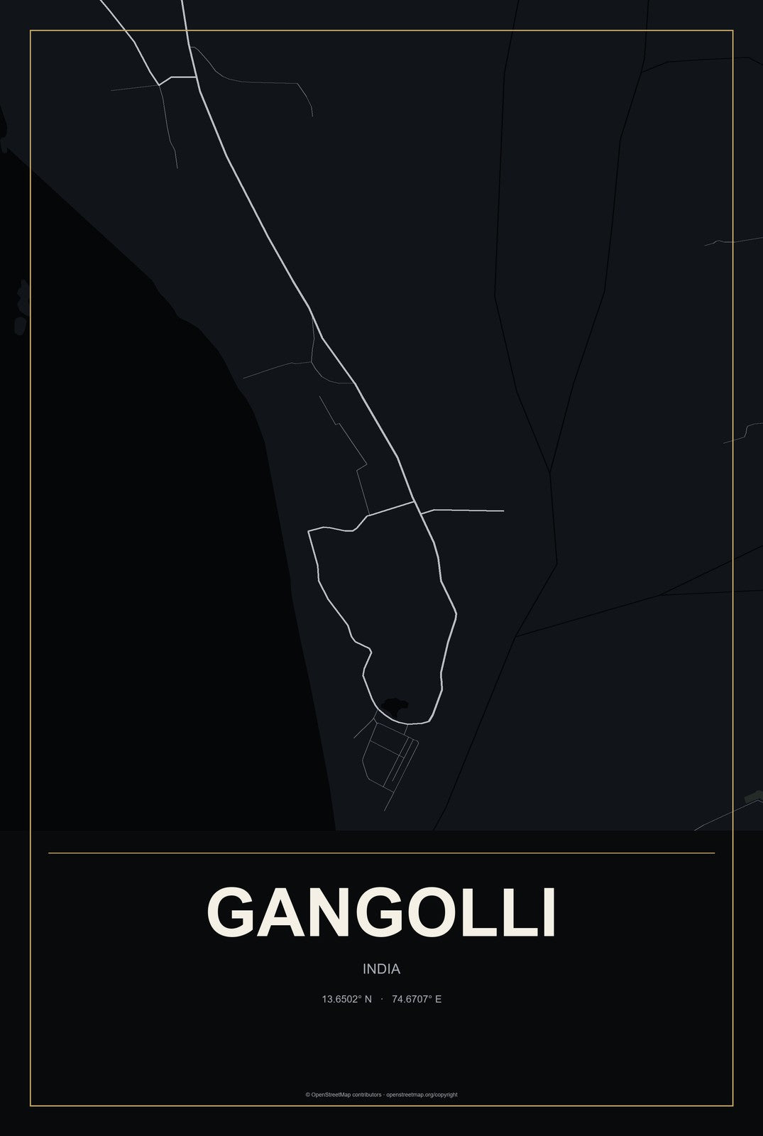 Gangolli, India City Map Aluminum Sign in Metropolitan Noir style