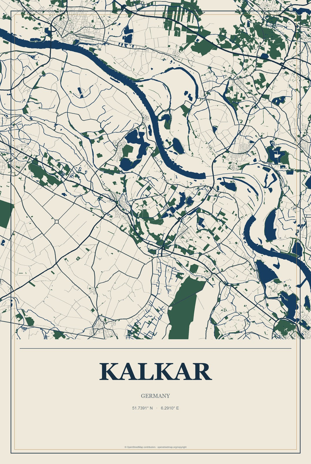 Kalkar, Germany City Map Aluminum Sign in Coastal Cutout style