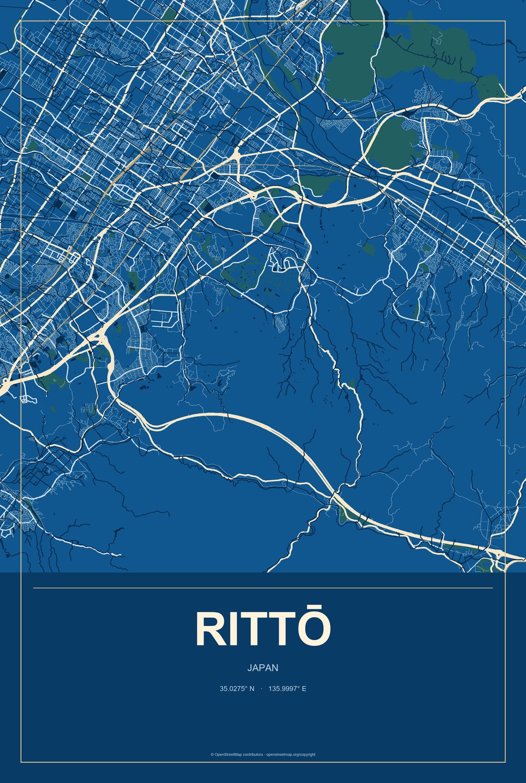 Rittō, Japan City Map Aluminum Sign in Harbor Cobalt style
