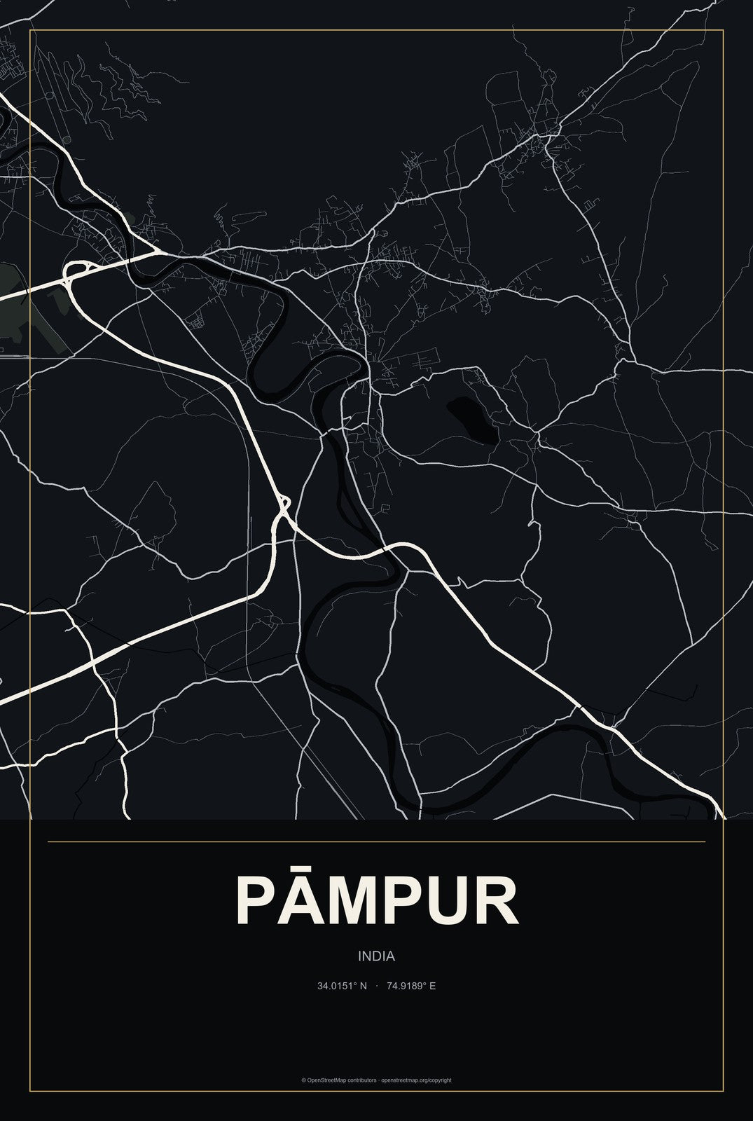 Pāmpur, India City Map Aluminum Sign in Metropolitan Noir style