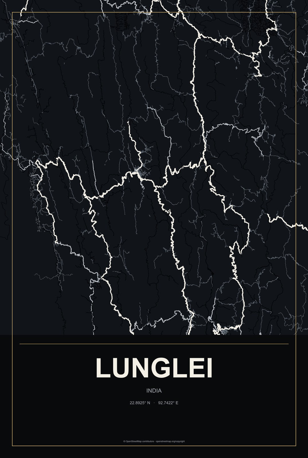 Lunglei, India City Map Aluminum Sign in Metropolitan Noir style