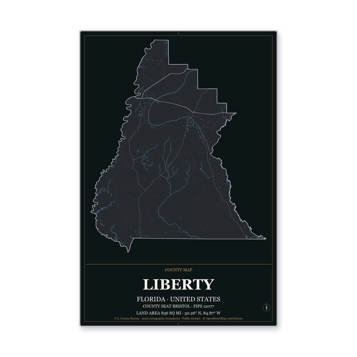 Liberty County, Florida Map Aluminum Sign in Metropolitan Noir style