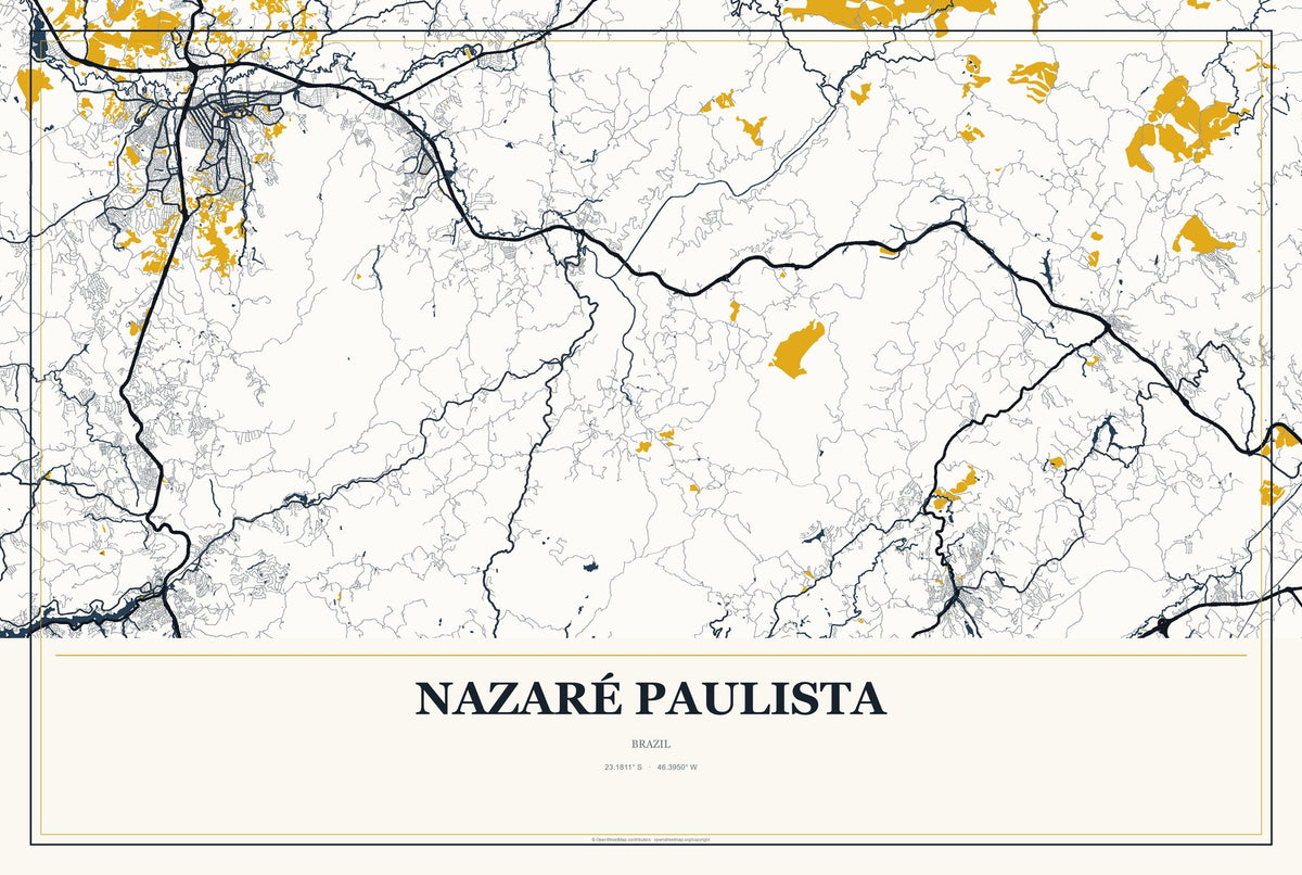 Nazaré Paulista, Brazil City Map Aluminum Sign in Citrine Modern style