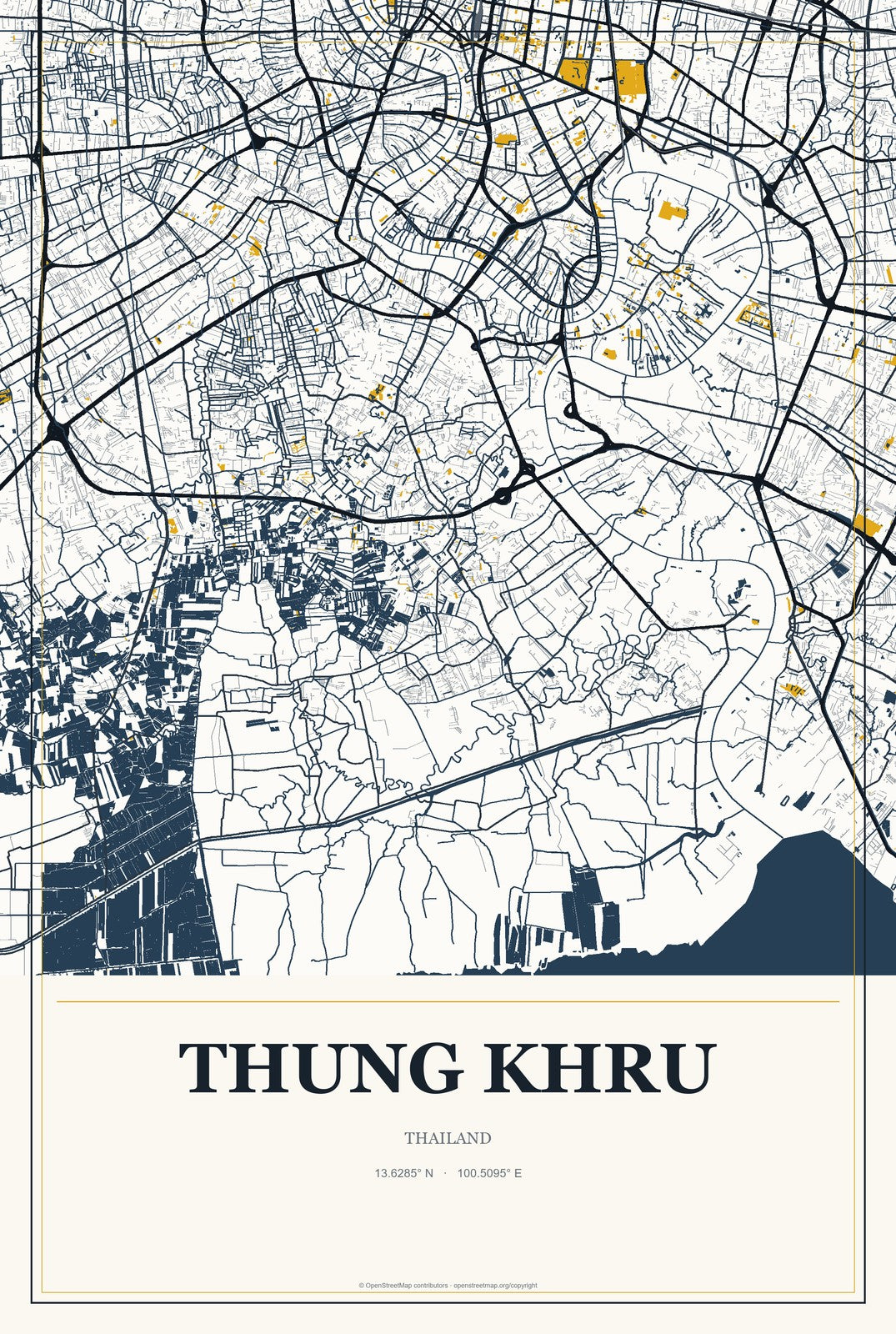 Thung Khru, Thailand City Map Aluminum Sign in Citrine Modern style