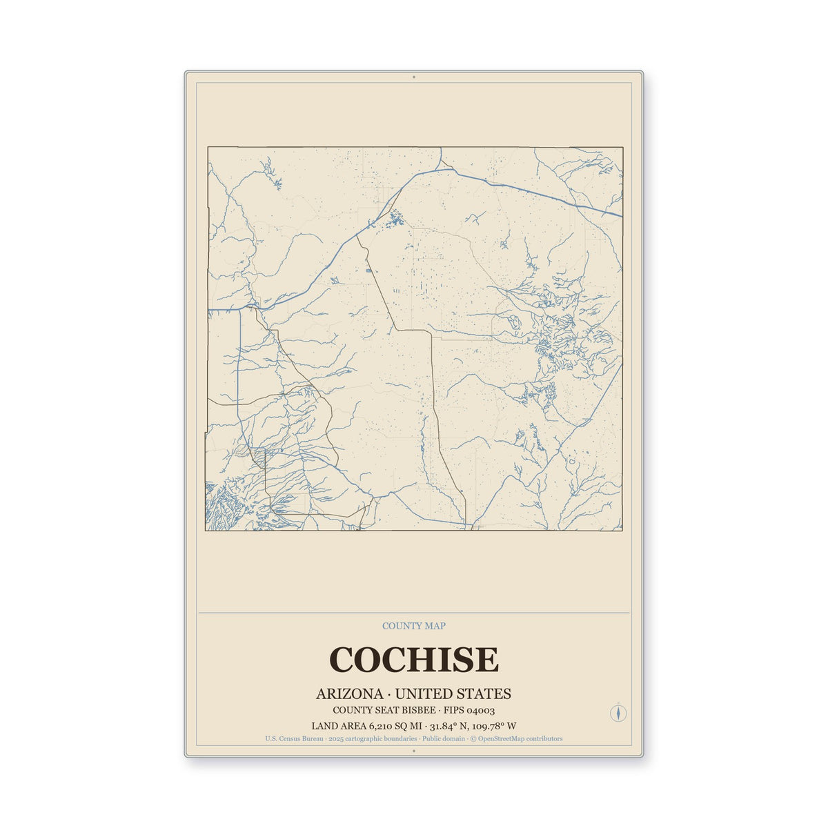 Cochise County, Arizona Map Aluminum Sign in Heritage Nautical style